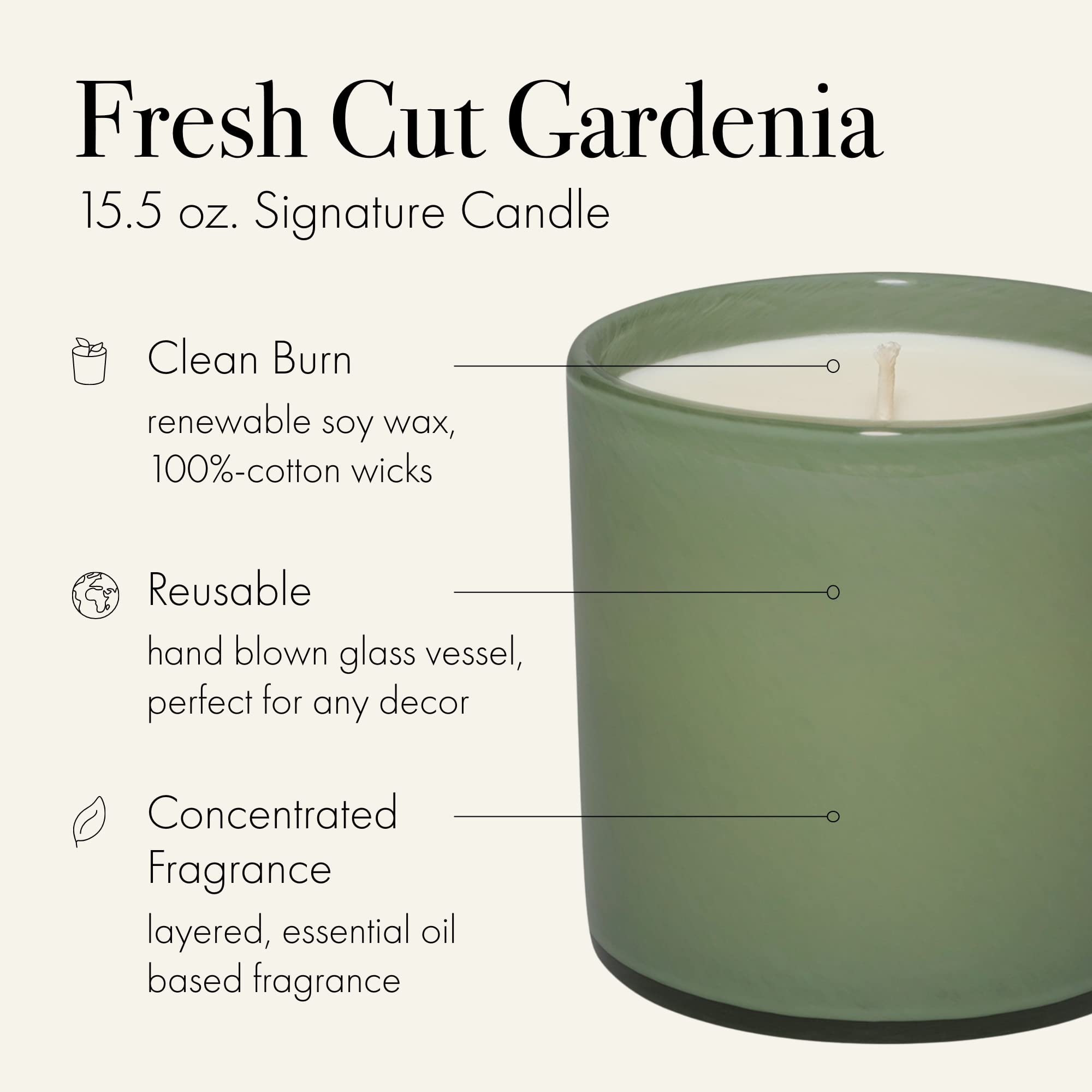 LAFCO New York Signature Candle, Fresh Cut Gardenia - 15.5 oz - 90-Hour Burn Time - Reusable, Hand Blown Glass Vessel - Made in